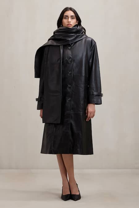 Deme By Gabriella_Black Leather Cooper Button Down Long Jacket _Online_at_Aza_Fashions
