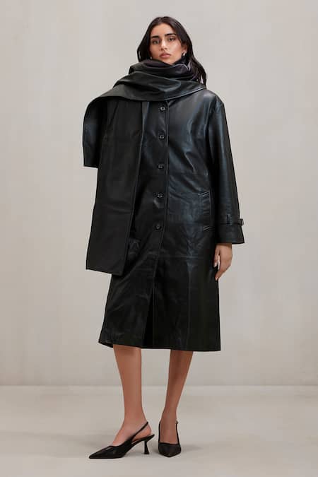Buy_Deme By Gabriella_Black Leather Cooper Button Down Long Jacket _Online_at_Aza_Fashions
