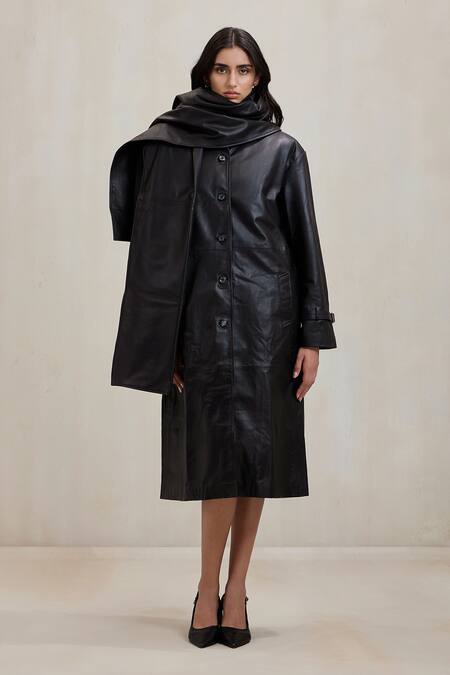 Shop_Deme By Gabriella_Black Leather Cooper Button Down Long Jacket _Online_at_Aza_Fashions