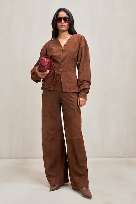 Buy Deme By Gabriella Chocolate Suede V-neck Chelsea V Jacket Online at Aza Fashions Buy_Deme By Gabriella_Chocolate Suede V-neck Chelsea V Jacket _Online_at_Aza_Fashions