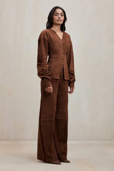 Shop Deme By Gabriella Chocolate Suede V-neck Chelsea V Jacket Online at Aza Fashions Shop_Deme By Gabriella_Chocolate Suede V-neck Chelsea V Jacket _Online_at_Aza_Fashions