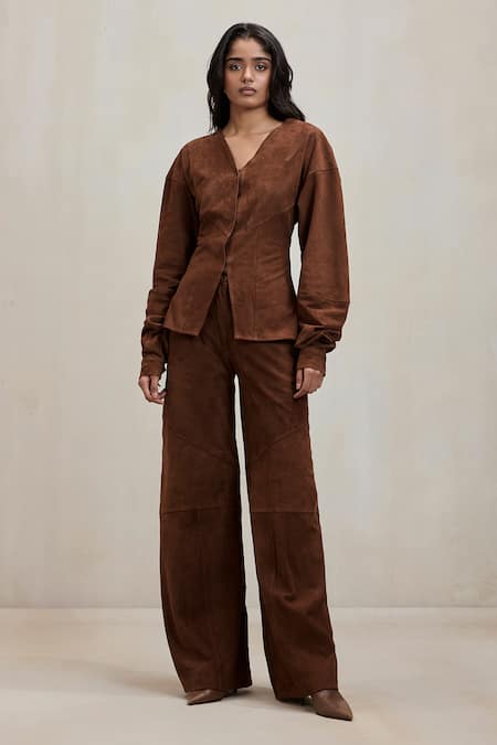 Deme By Gabriella Chocolate Suede V-neck Chelsea V Jacket at Aza Fashions Deme By Gabriella_Chocolate Suede V-neck Chelsea V Jacket _at_Aza_Fashions