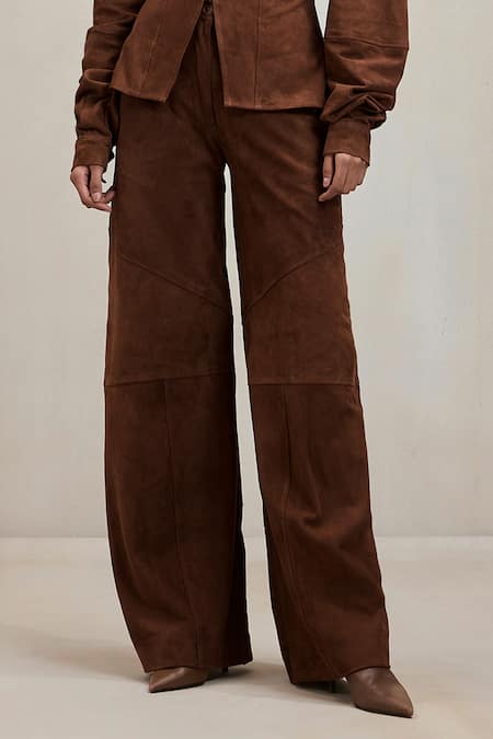 Deme By Gabriella_Chocolate Suede Panelled Chelsea Pant _Online_at_Aza_Fashions