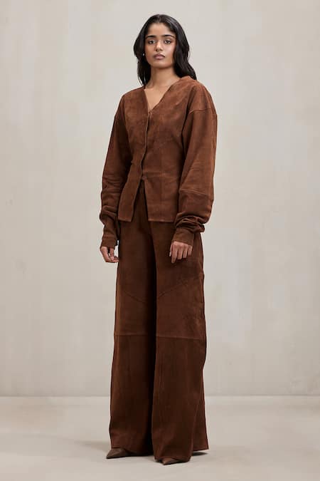 Buy_Deme By Gabriella_Chocolate Suede Panelled Chelsea Pant _Online_at_Aza_Fashions