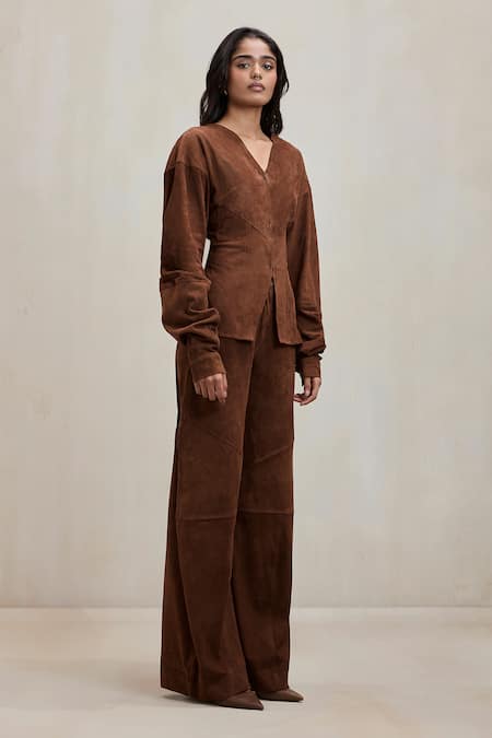 Shop_Deme By Gabriella_Chocolate Suede Panelled Chelsea Pant _Online_at_Aza_Fashions