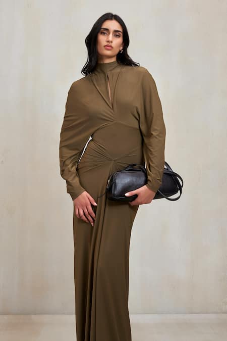 Buy_Deme By Gabriella_Green High , Keyhole Parker Draped Knot Maxi Dress _Online_at_Aza_Fashions