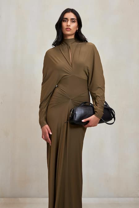 Shop_Deme By Gabriella_Green High , Keyhole Parker Draped Knot Maxi Dress _Online_at_Aza_Fashions