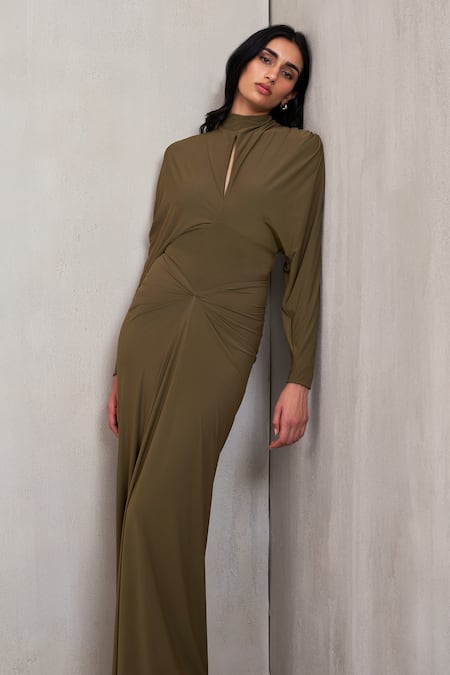 Deme By Gabriella_Green High , Keyhole Parker Draped Knot Maxi Dress _at_Aza_Fashions