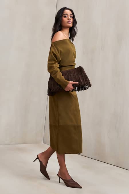 Buy Deme By Gabriella Green Suede Off-shoulder Aubrey One Top And Skirt Set Online at Aza Fashions Buy_Deme By Gabriella_Green Suede Off-shoulder Aubrey One Top And Skirt Set _Online_at_Aza_Fashions