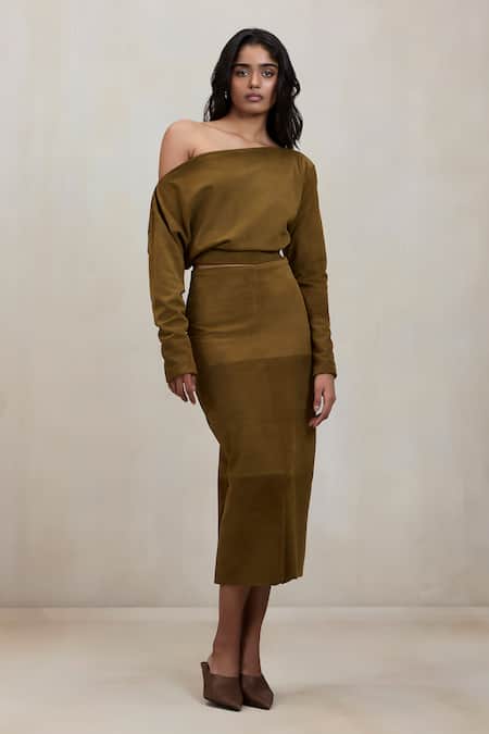 Deme By Gabriella Aubrey Suede One Shoulder Top & Skirt Set 