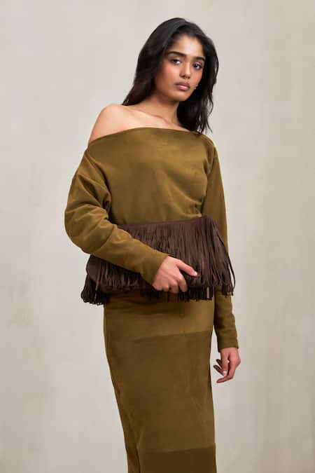 Shop Deme By Gabriella Green Suede Off-shoulder Aubrey One Top And Skirt Set Online at Aza Fashions Shop_Deme By Gabriella_Green Suede Off-shoulder Aubrey One Top And Skirt Set _Online_at_Aza_Fashions
