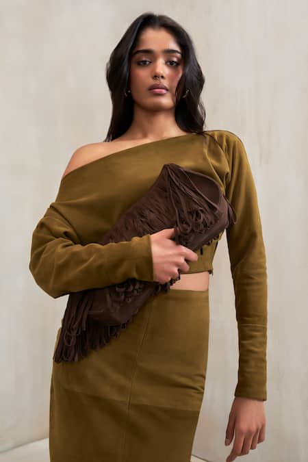 Buy Deme By Gabriella Green Suede Off-shoulder Aubrey One Top And Skirt Set Buy_Deme By Gabriella_Green Suede Off-shoulder Aubrey One Top And Skirt Set