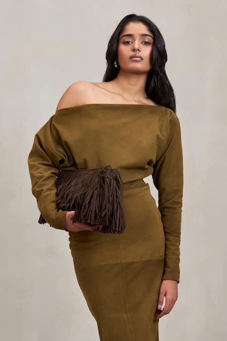 Shop Deme By Gabriella Green Suede Off-shoulder Aubrey One Top And Skirt Set Shop_Deme By Gabriella_Green Suede Off-shoulder Aubrey One Top And Skirt Set