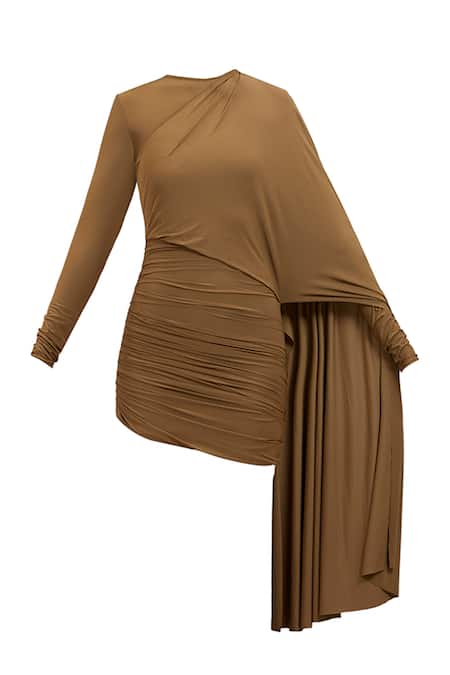 Deme By Gabriella_Olive Green Round Neck Paula Draped Ruched Long Sleeve Short Dress _Online_at_Aza_Fashions