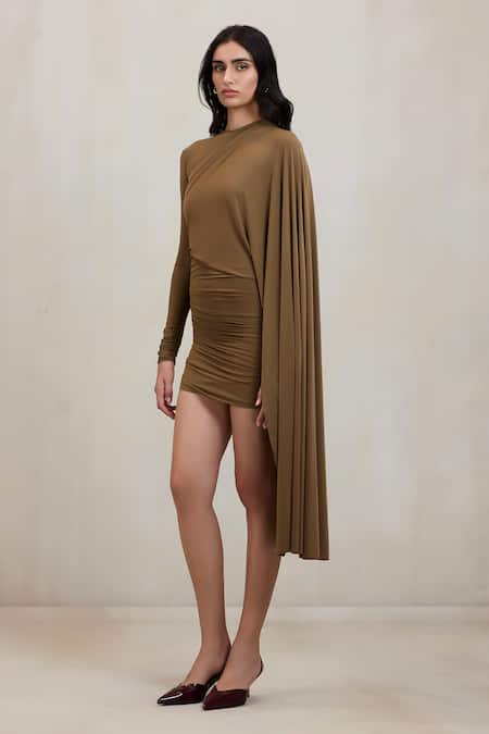 Buy_Deme By Gabriella_Olive Green Round Neck Paula Draped Ruched Long Sleeve Short Dress _Online_at_Aza_Fashions