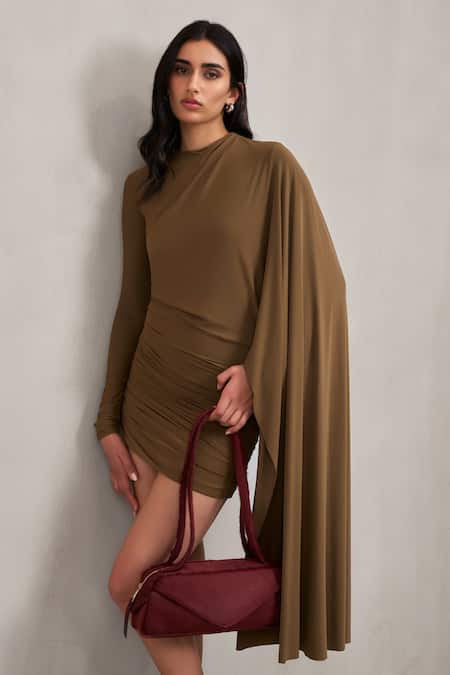 Deme By Gabriella_Olive Green Round Neck Paula Draped Ruched Long Sleeve Short Dress _at_Aza_Fashions