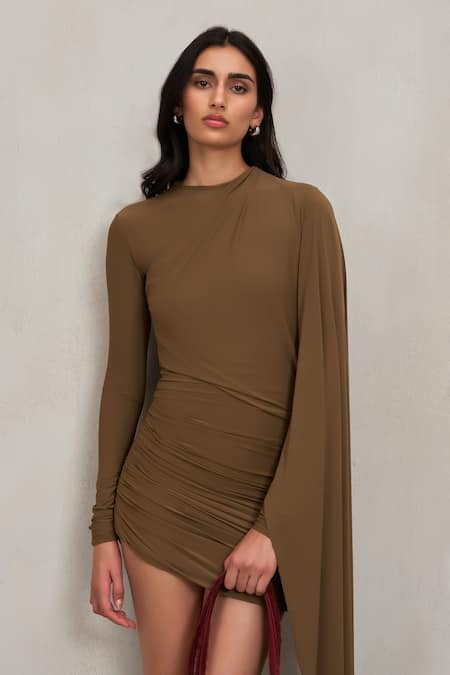 Buy_Deme By Gabriella_Olive Green Round Neck Paula Draped Ruched Long Sleeve Short Dress 