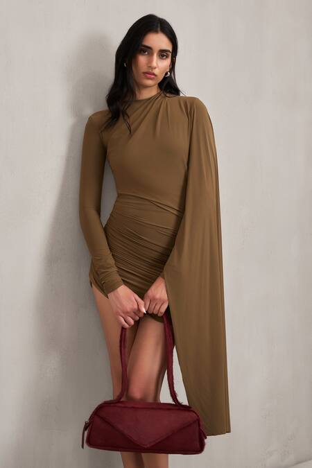 Shop_Deme By Gabriella_Olive Green Round Neck Paula Draped Ruched Long Sleeve Short Dress 