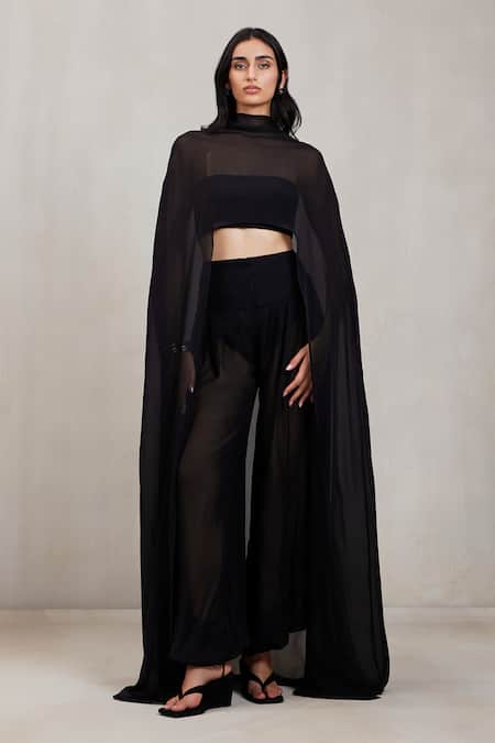 Shop_Deme By Gabriella_Black Bandeau , High Rochelle Sheer Cape And Tube Set _Online_at_Aza_Fashions