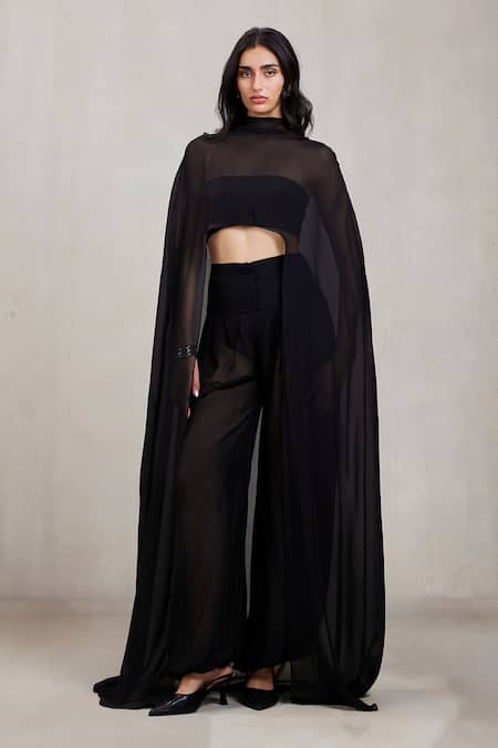 Buy_Deme By Gabriella_Black Chiffon Rochelle Malai Wide Leg Pant _Online_at_Aza_Fashions