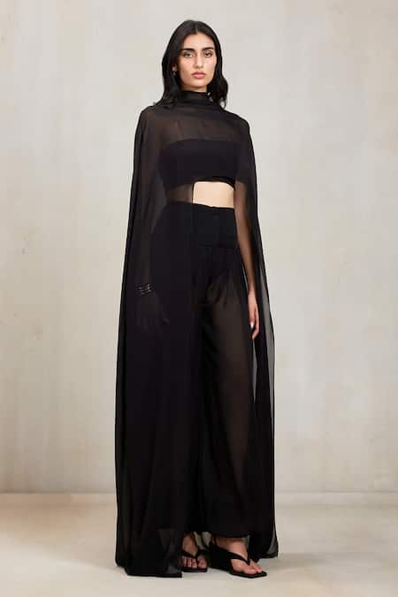 Shop_Deme By Gabriella_Black Chiffon Rochelle Malai Wide Leg Pant _Online_at_Aza_Fashions