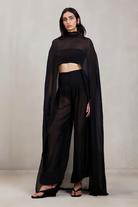 Deme By Gabriella_Black Chiffon Rochelle Malai Wide Leg Pant _at_Aza_Fashions
