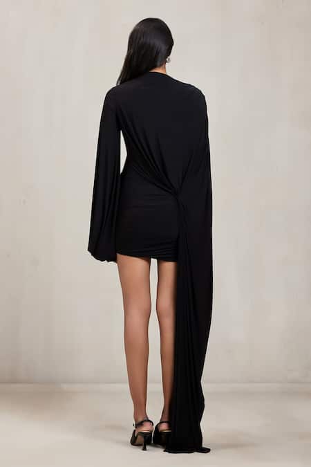 Deme By Gabriella Aeros Tina Draped Cowl Neck Long Sleeve Short Dress