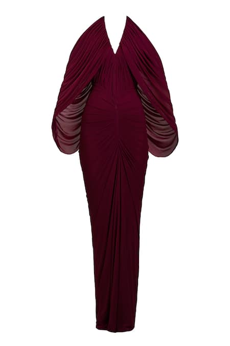 Deme By Gabriella Wine Net V-, Halter Kimberly Draped Maxi Dress Online at Aza Fashions Deme By Gabriella_Wine Net V-, Halter Kimberly Draped Maxi Dress _Online_at_Aza_Fashions