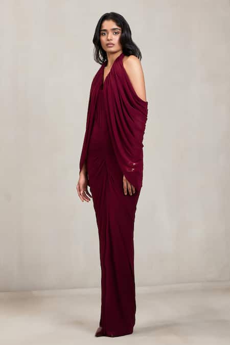 Buy Deme By Gabriella Wine Net V-, Halter Kimberly Draped Maxi Dress Online at Aza Fashions Buy_Deme By Gabriella_Wine Net V-, Halter Kimberly Draped Maxi Dress _Online_at_Aza_Fashions