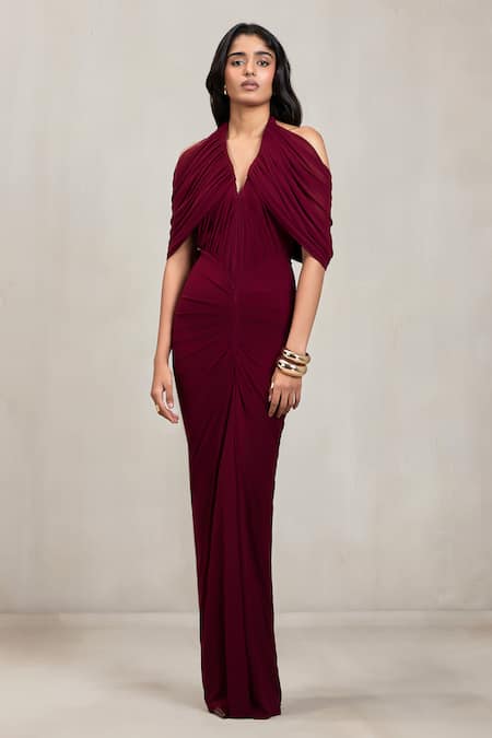 Deme By Gabriella Wine Net V-, Halter Kimberly Draped Maxi Dress at Aza Fashions Deme By Gabriella_Wine Net V-, Halter Kimberly Draped Maxi Dress _at_Aza_Fashions