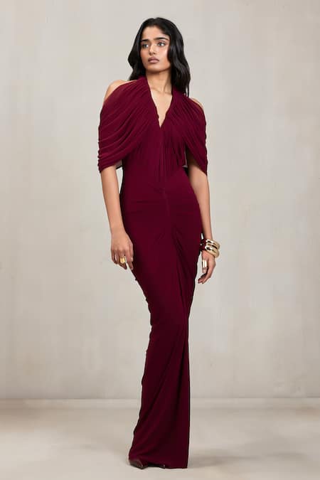 Buy Deme By Gabriella Wine Net V-, Halter Kimberly Draped Maxi Dress Buy_Deme By Gabriella_Wine Net V-, Halter Kimberly Draped Maxi Dress