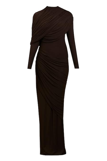 Deme By Gabriella Brown High Neck Donna Draped Ruched Maxi Dress Online at Aza Fashions Deme By Gabriella_Brown High Neck Donna Draped Ruched Maxi Dress _Online_at_Aza_Fashions