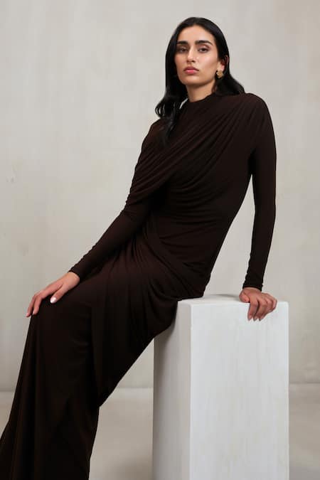 Buy Deme By Gabriella Brown High Neck Donna Draped Ruched Maxi Dress Online at Aza Fashions Buy_Deme By Gabriella_Brown High Neck Donna Draped Ruched Maxi Dress _Online_at_Aza_Fashions