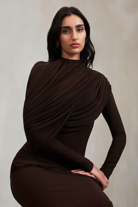 Deme By Gabriella Brown High Neck Donna Draped Ruched Maxi Dress at Aza Fashions Deme By Gabriella_Brown High Neck Donna Draped Ruched Maxi Dress _at_Aza_Fashions