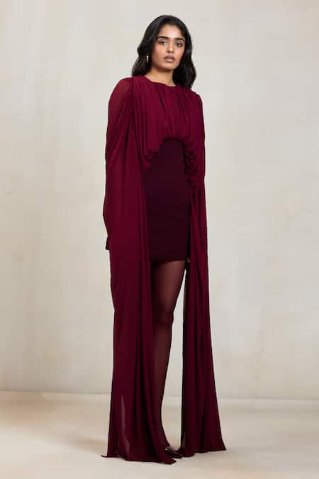 Deme By Gabriella Wine Net Round Neck Gina Draped Ferrari Short Dress Online at Aza Fashions Deme By Gabriella_Wine Net Round Neck Gina Draped Ferrari Short Dress _Online_at_Aza_Fashions