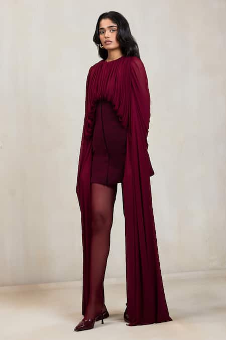 Buy Deme By Gabriella Wine Net Round Neck Gina Draped Ferrari Short Dress Online at Aza Fashions Buy_Deme By Gabriella_Wine Net Round Neck Gina Draped Ferrari Short Dress _Online_at_Aza_Fashions