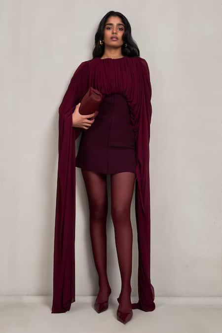 Shop Deme By Gabriella Wine Net Round Neck Gina Draped Ferrari Short Dress Online at Aza Fashions Shop_Deme By Gabriella_Wine Net Round Neck Gina Draped Ferrari Short Dress _Online_at_Aza_Fashions