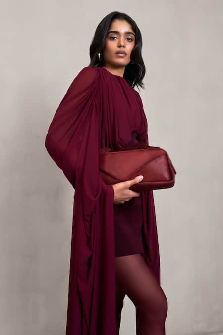 Deme By Gabriella Wine Net Round Neck Gina Draped Ferrari Short Dress at Aza Fashions Deme By Gabriella_Wine Net Round Neck Gina Draped Ferrari Short Dress _at_Aza_Fashions