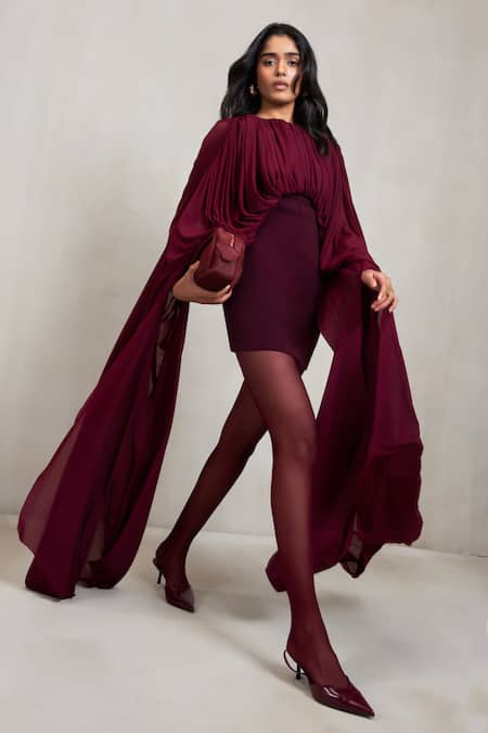 Buy Deme By Gabriella Wine Net Round Neck Gina Draped Ferrari Short Dress Buy_Deme By Gabriella_Wine Net Round Neck Gina Draped Ferrari Short Dress