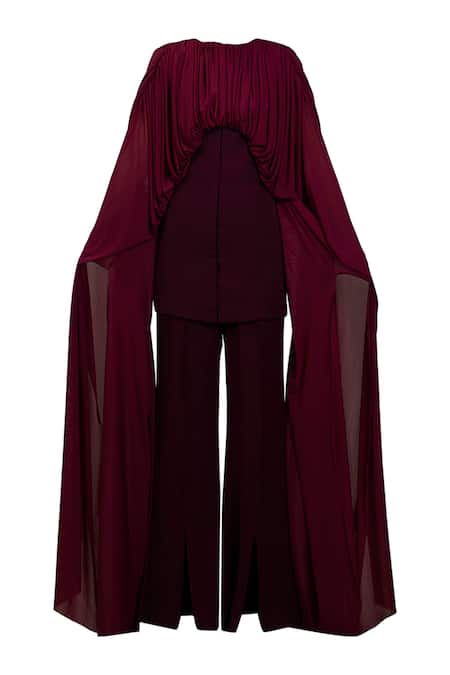 Deme By Gabriella Wine Net Round Neck Arwen Draped Gathered Top And Slit Flare Pant Set Online at Aza Fashions Deme By Gabriella_Wine Net Round Neck Arwen Draped Gathered Top And Slit Flare Pant Set _Online_at_Aza_Fashions