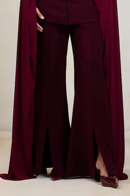 Buy Deme By Gabriella Wine Net Round Neck Arwen Draped Gathered Top And Slit Flare Pant Set Online at Aza Fashions Buy_Deme By Gabriella_Wine Net Round Neck Arwen Draped Gathered Top And Slit Flare Pant Set _Online_at_Aza_Fashions