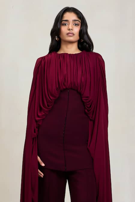 Shop Deme By Gabriella Wine Net Round Neck Arwen Draped Gathered Top And Slit Flare Pant Set Online at Aza Fashions Shop_Deme By Gabriella_Wine Net Round Neck Arwen Draped Gathered Top And Slit Flare Pant Set _Online_at_Aza_Fashions
