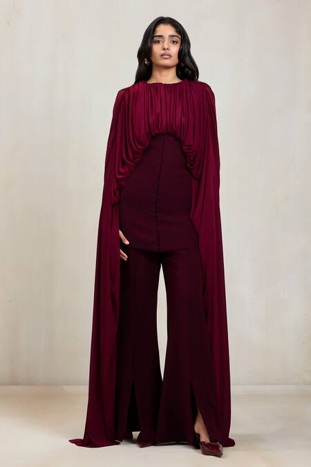 Deme By Gabriella Arwen Draped Gathered Top & Slit Flare Pant Set