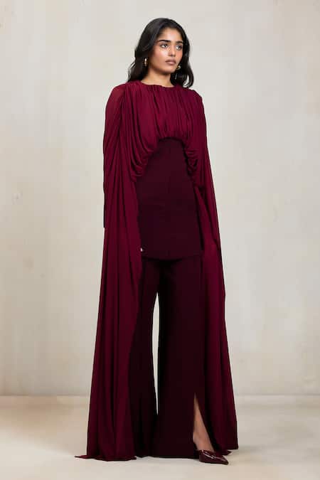 Deme By Gabriella Wine Net Round Neck Arwen Draped Gathered Top And Slit Flare Pant Set at Aza Fashions Deme By Gabriella_Wine Net Round Neck Arwen Draped Gathered Top And Slit Flare Pant Set _at_Aza_Fashions
