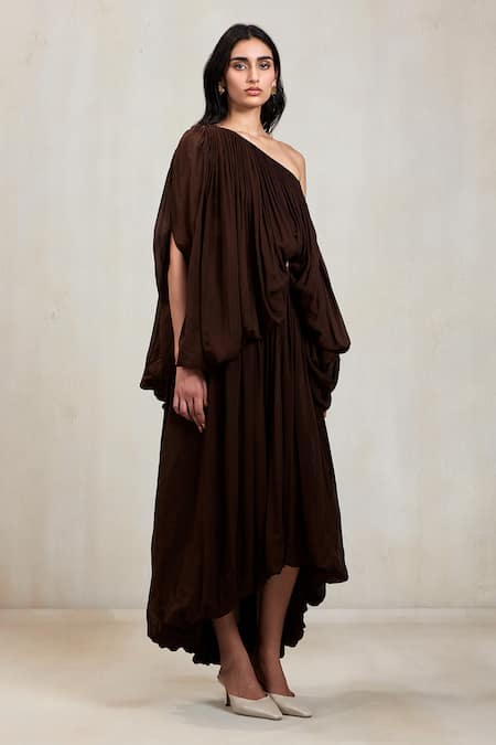 Buy Deme By Gabriella Brown Chiffon Off-shoulder Abigail Draped One Top And Bubble Hem Skirt Set Online at Aza Fashions Buy_Deme By Gabriella_Brown Chiffon Off-shoulder Abigail Draped One Top And Bubble Hem Skirt Set _Online_at_Aza_Fashions