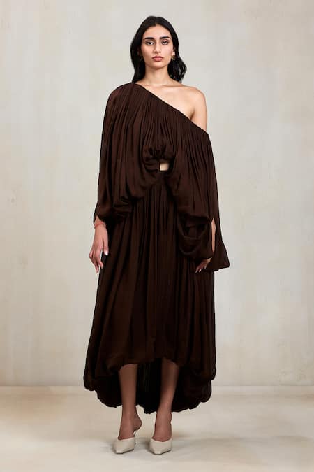 Shop Deme By Gabriella Brown Chiffon Off-shoulder Abigail Draped One Top And Bubble Hem Skirt Set Online at Aza Fashions Shop_Deme By Gabriella_Brown Chiffon Off-shoulder Abigail Draped One Top And Bubble Hem Skirt Set _Online_at_Aza_Fashions
