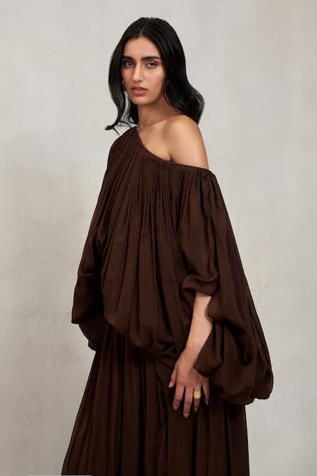 Deme By Gabriella Brown Chiffon Off-shoulder Abigail Draped One Top And Bubble Hem Skirt Set at Aza Fashions Deme By Gabriella_Brown Chiffon Off-shoulder Abigail Draped One Top And Bubble Hem Skirt Set _at_Aza_Fashions