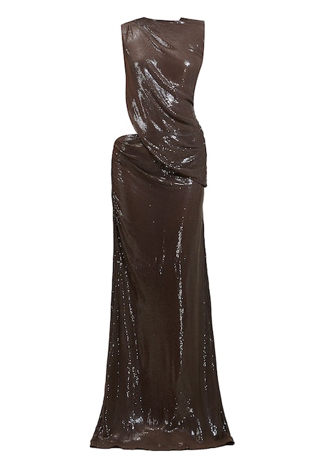 Deme By Gabriella Brown Sequins Round Neck Spencer Draped Cutout Top And Skirt Set Online at Aza Fashions Deme By Gabriella_Brown Sequins Round Neck Spencer Draped Cutout Top And Skirt Set _Online_at_Aza_Fashions