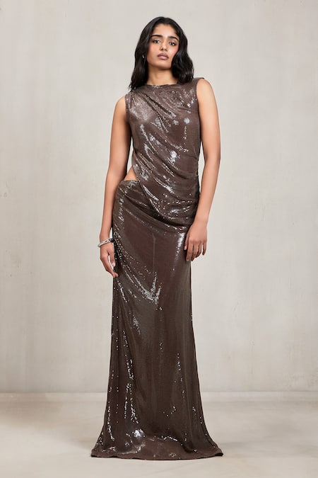 Buy Deme By Gabriella Brown Sequins Round Neck Spencer Draped Cutout Top And Skirt Set Online at Aza Fashions Buy_Deme By Gabriella_Brown Sequins Round Neck Spencer Draped Cutout Top And Skirt Set _Online_at_Aza_Fashions