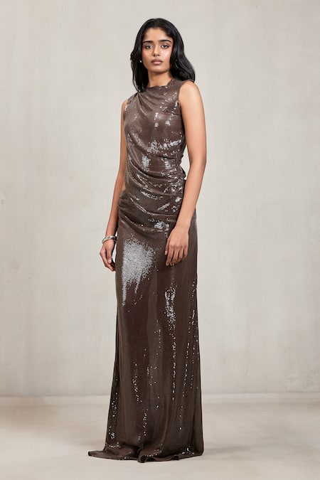 Shop Deme By Gabriella Brown Sequins Round Neck Spencer Draped Cutout Top And Skirt Set Online at Aza Fashions Shop_Deme By Gabriella_Brown Sequins Round Neck Spencer Draped Cutout Top And Skirt Set _Online_at_Aza_Fashions